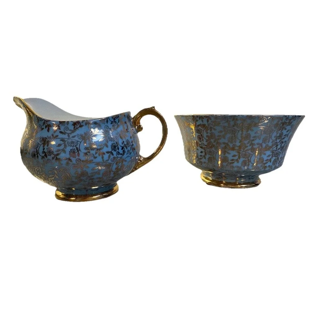 George Jones & Sons JON158 England Sugar‎ & Creamer Gold Floral Lace Footed RARE